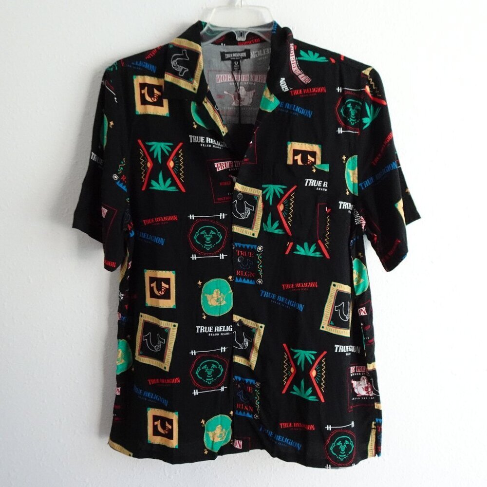 True Religion Button Up Shirt Men's Size M Black Resort Print Resortwear Camp